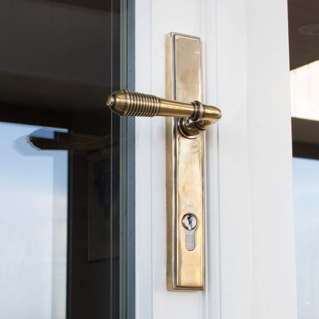 Aged Brass Reeded Espagnolette Lock Set | Period Door Handles