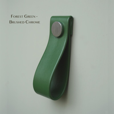 Apple Leather Forest Green Cupboard Pull - Brushed Chrome