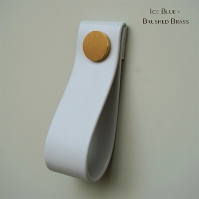 Apple Leather Ice Blue Cupboard Pull - Brushed Brass