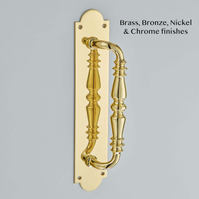 Ornate Pull Handle on Shaped Plate in Polished Brass